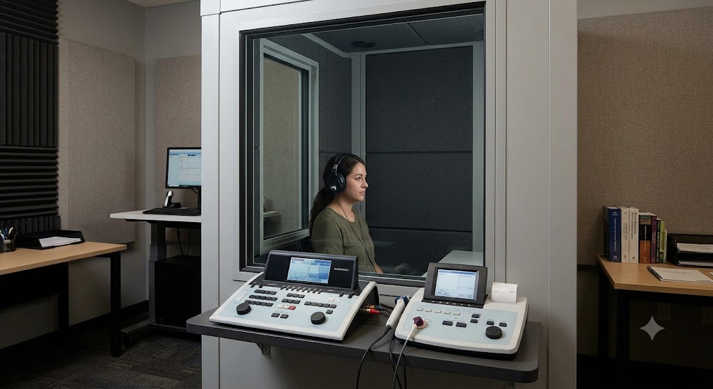 Audiometer, tympanometer and soundproof audiology booth